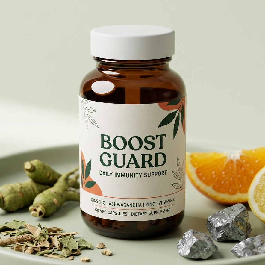 Boost Guard – suplemento alimentar natural em frasco de vidro âmbar sobre fundo de folhagem verde
